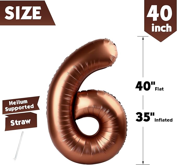 40 Inch Coffee Brown Number 6 Balloon, Giant 6 Number Balloons for 6th Birthday Decorations, Party Supplies for Baby Boy Girl, Coffee Brown Party Decor