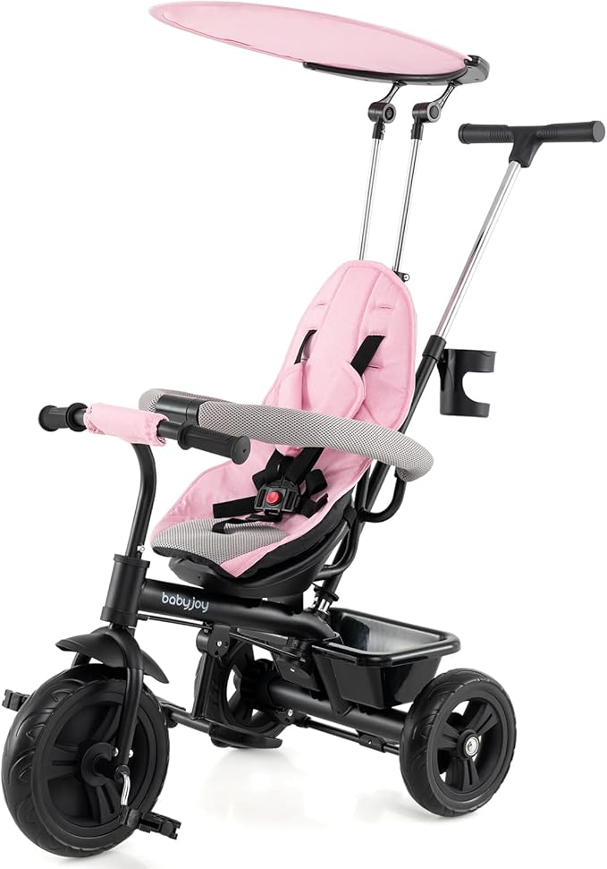 BABY JOY Toddler Tricycle, 7 in 1 Push Trike w/Adjustable Canopy, Parent Push Handle, Seat & Footrests, 5-Point Safety Harness and All-Terrain EVA Wheels, Kids Stroller Bike for 9-60 Months (Pink)