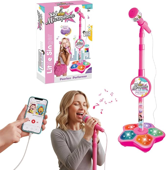 Karaoke Star Machine with Light, 2026 Upgrade Star Microphone with Stand, All in One Funny Karaoke Microphones with Adjustable Stand for All Ages, Birthday Gifts (not Included adeapter Cable) (Pink)