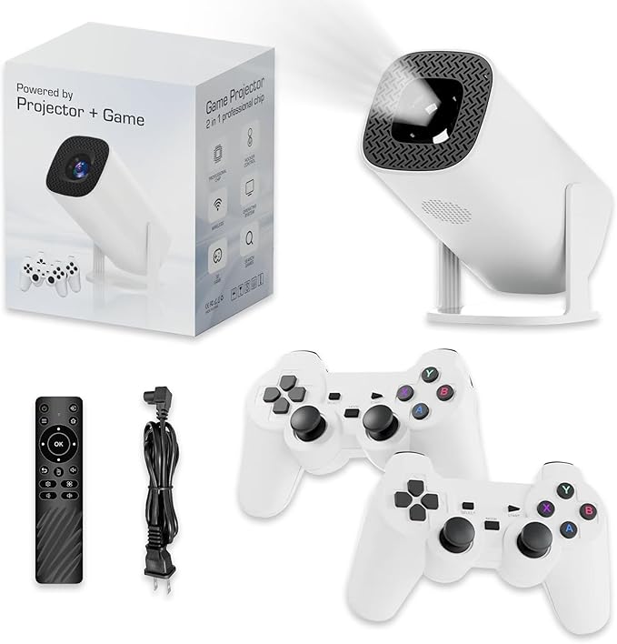 New P30 Retro Game Console with Projector，4K HD Portable Projector with 36000+ Games，Plug and Play TV Video Game Stick，Smart Projector with 2.4g Wireless Controllers，Android TV 11.0, WiFi