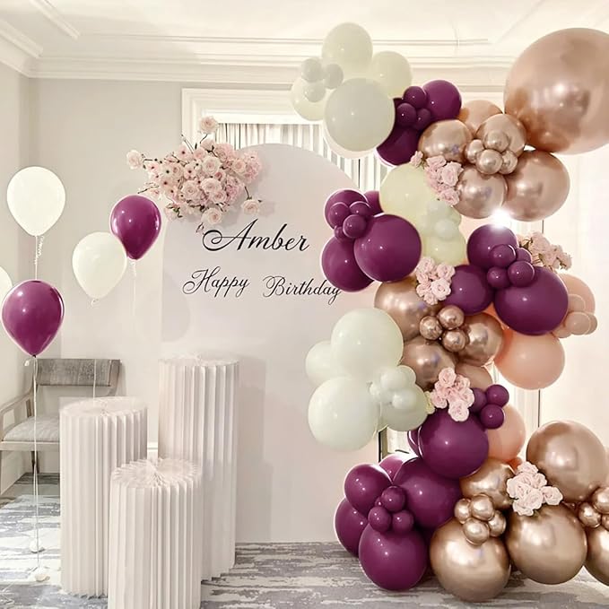 Plum Purple White Gold Balloon Arch Kit, 155Pcs Dark Mauve White Sand Rose Gold Balloons Garland for Boho Baby Shower Birthday Wedding Party Decoration