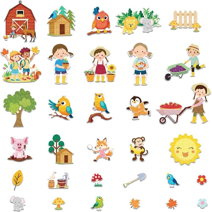 BEUNITONE 30 Pcs Multi-Scene Felt Story Board, Fuzzy Felt Play Kit with Diverse Animals, Plants & Backgrounds learningal Tool for Classroom Teaching & Home Storytelling