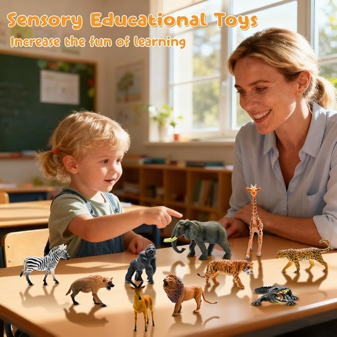 BOLZRA 65PCS Safari Animals Figures Toys, Realistic Plastic Jungle Zoo Wild Animals with Fence Building Blocks Storage Box Christmas Birthday Gift for Kids 3-8