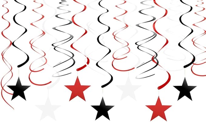 Red Black White Star Hanging Swirl Decorations Stars Streamers Foil Swirls for Ceiling Decorations Party Supplies, Pack of 30