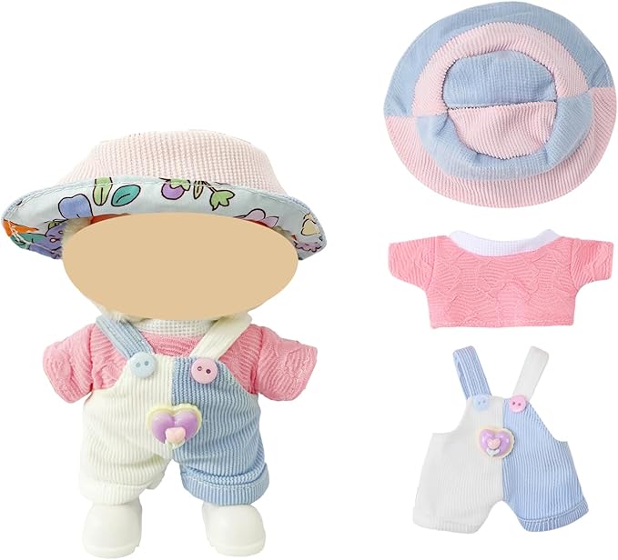 Macaron Style Doll Clothes Set for 17cm Plush Dolls, Include 5 Outfits with Hats, Glasses, Cute Dress Up Accessories for Doll Play and Display, (No Dolls)