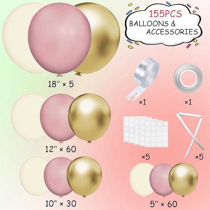 Pink White Gold Balloons Arch Kit, 155Pcs Dusty Pink Matte White Metallic Gold Balloon Garland for Birthday Bridal Baby Shower Wedding Confession Proposal Party Decorations