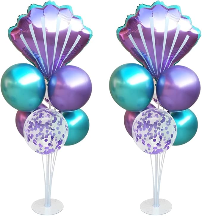 Mermaid Table Centerpiece Balloons Stand Kit 2 Sets with 2 Sea Shells Foil Balloons 14 Purple Blue Latex Balloons for Birthday Beach Mermaid Theme Sea Theme Party Mermaid Birthday Decorations