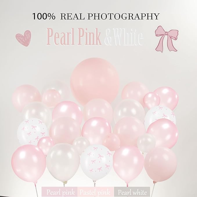Pink Bow Party Decorations - Coquette Birthday Decorations Include Banner Pearl Pink White Printed Balloons Metallic Tinsel Foil Fringe Curtains Ribbon Bow Theme Supplies for Girls Bachelorette Decor