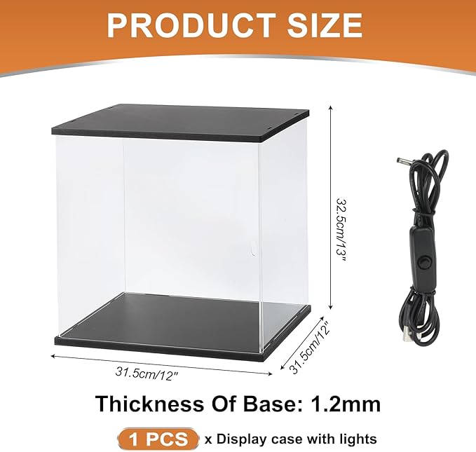 MECCANIXITY Clear Display Case, Acrylic Figure Display Case Clear Display Boxes for Collectibles, Figures Model Toys Home Storage(with Square LED Light, 12x12x13 Inch Black Base)