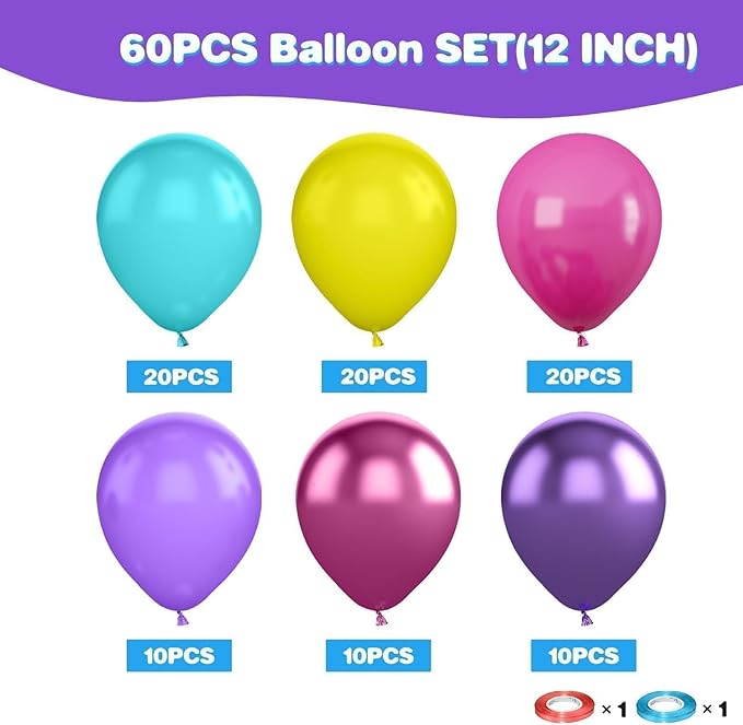 Pink Blue Purple Balloon, 60 Pcs 12 Inches Hot Pink Metallic Purple Burgundy Balloons for Kids Magic Theme Birthday Decoration Birthday Balloons Baby Shower Engagement Party Supplies