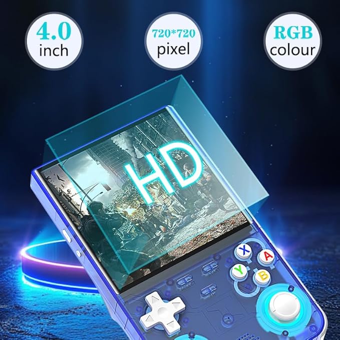R36 Ultra Retro Handheld Game Console, with 64G Built-in 20000+ Games, 3000mAh Rechargeable, Support 20+ Simulators, Linux System, 4.0 Inch IPS Screen Portable Pocket Arcade (Transparent Blue)