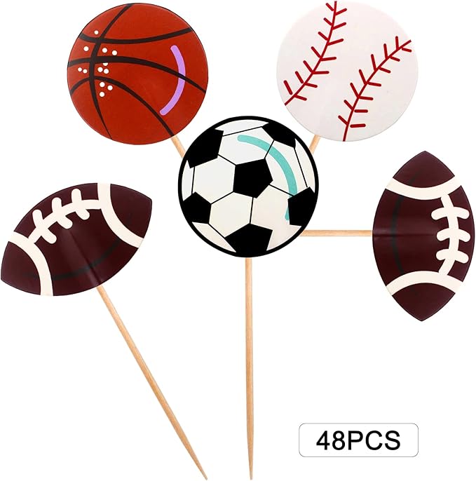 BLUE TOP 48pcs Two Side Sports Ball Cupcake Toppers Sports Theme Cupcake Picks Party Decor Football Baseball Basketball Rugby Decoration Picks for Olympics Games Celebration