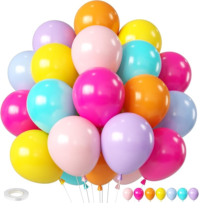 Tropical Balloons, 12 Inch Multicolor Rainbow Ballons Fruit Green Slate Blue Matt Orange Hot Pink Yellow Blue Purple Balloon for Birthday, Baby Shower, Wedding, Summer Party DIY Decorations