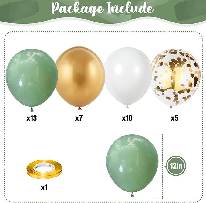 Dusty Sage Green and Gold Balloons, 12 Inch Retro Olive Green White Gold Latex Muted Balloon Set for Girls Birthday Wedding Jungle Baby Bridal Shower Camp Bachelorette House Warming Party Decorations
