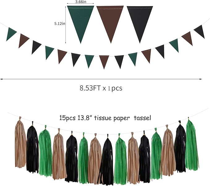 Green Black Brown Party Decorations - 23pcs Tissue Pom Poms Streamers,Football Woodland Baby Bridal Shower Tassel Garland Banner,Superbowl Birthday Hunting Camp Forest Jungle Decor Backdrop Ouruola