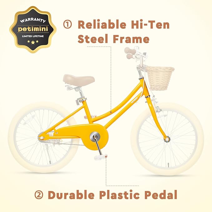 Petimini Vintage Kids Bike for Girls, 12–20 Inch Classic Bicycle with Wicker Basket & Bell, High Tensile Steel Frame, Training Wheels (12–18”), 85% Pre-Assembled, Retro Bike for Outdoor Riding