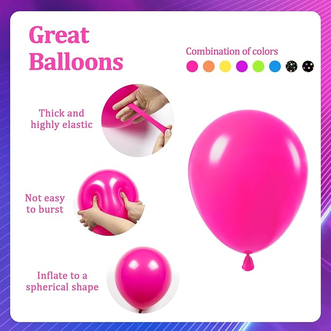 60pcs Neno Balloons 12inch, Yellow Hot Pink Lime Green Orange Blue Purple Rainbow Balloons for 80s 90s Neon Birthday Party Decorations