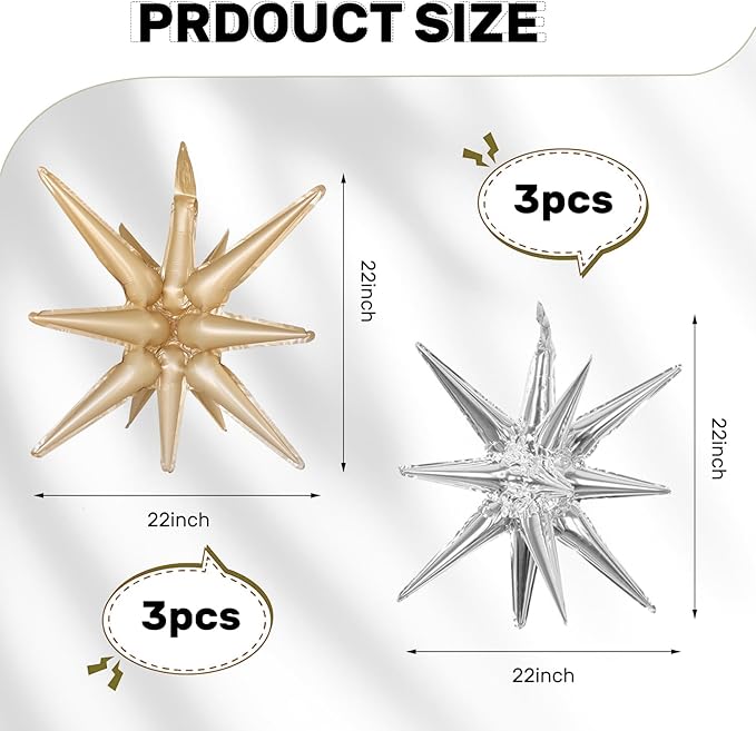 6 Pcs Silver Star Foil Balloons One-Piece 14-Pointed Star Balloon 4D Starburst Cone Mylar Balloon 22inch Christmas Birthday Wedding Wedding Anniversary Party Supplies (Silver + Caramel Colour)