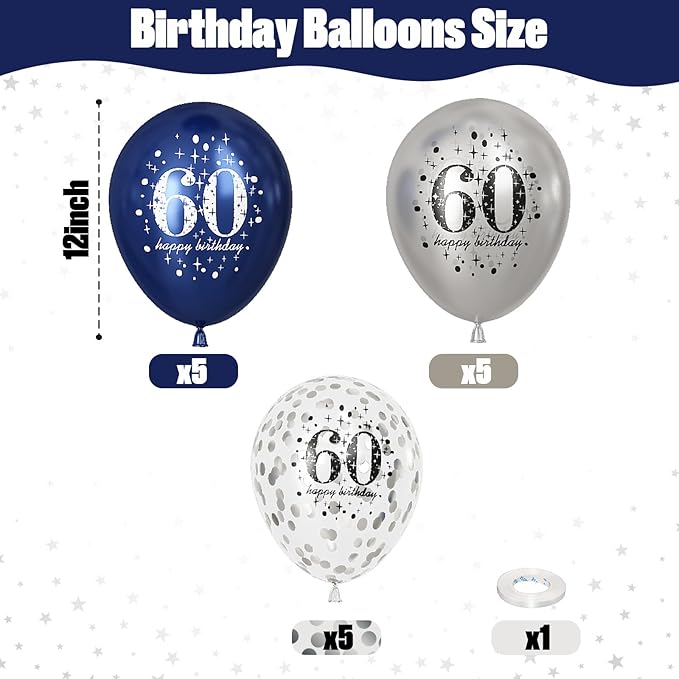 60th Birthday Decorations for Men, 15 Pieces Navy Blue Silver Happy 60th Birthday Latex Balloons Set for Him, 60th Party Decorations for Age 60 Years Old 60th Birthday Party Decor Celebration Supplies