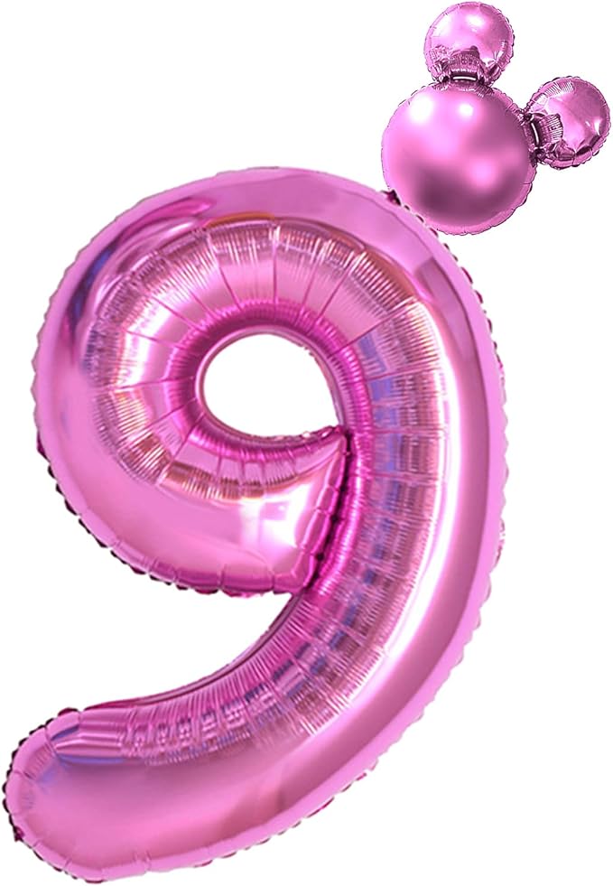 40 inch Hot Pink Number 9 Balloon & Mini Mouse Head Balloon, 9th Birthday Party Decoration Balloons, Cartoon Mouse Birthday Party Supplies, Princess Birthday Party Decorations Supplies