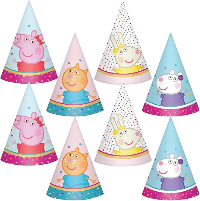 Festive Mini Party Hats - 3.66" (Pack of 8 ) - Adorable Peppa Tea Party Theme, Perfect for Kids' Birthday Celebrations