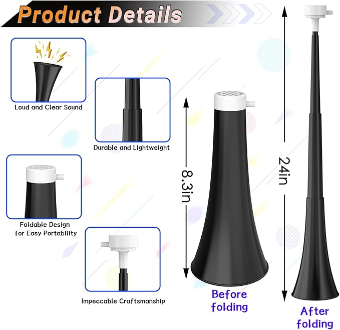 Collapsible Stadium Horn 24 Inch Vuvuzela Plastic Trumpet Horn Blow Horn Noisemakers Loud Sound Soccer Horn Cheer Horn for Sporting Events Graduation Games School Party Supplies Favors Accessories