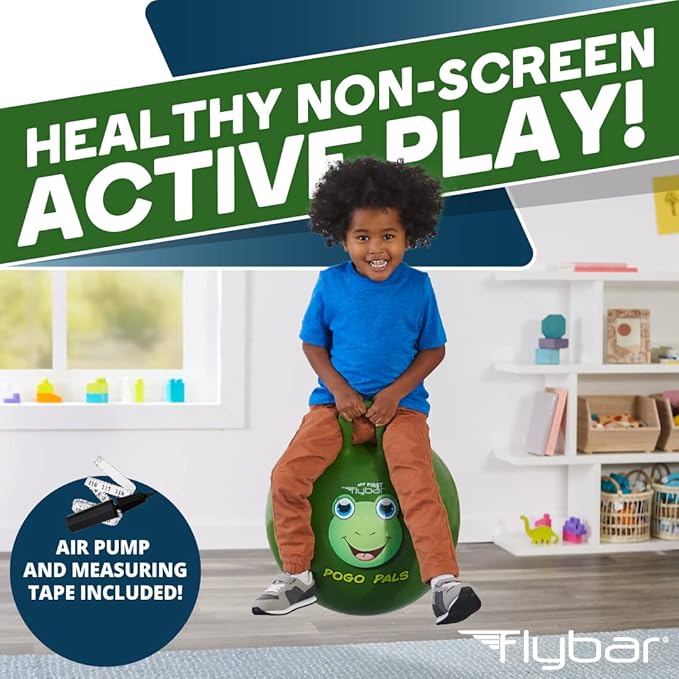 Flybar Hopper Ball for Kids, Inflatable Bouncy Ride-On Ball w/ Handle for Indoor & Outdoor Active Play, Includes Pump, Jump Ball Toy for Boys & Girls, Supports Up to 165 lbs, Ages 3+, 18-Inch, Small