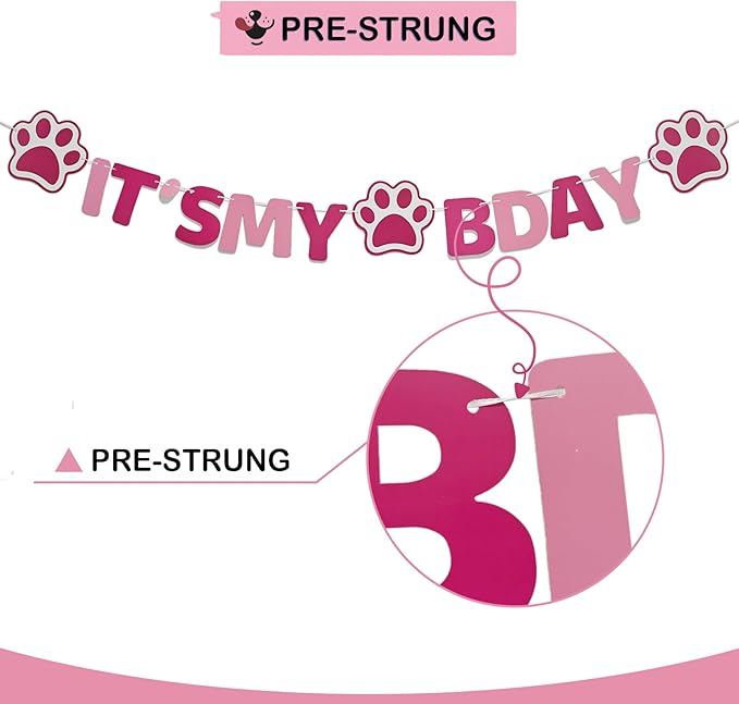 Vicycaty Puppy Dog Birthday Banner, Mother Puppers, It's My Bday, Pink Pennants, 98.43x16.69 inches Cardboard