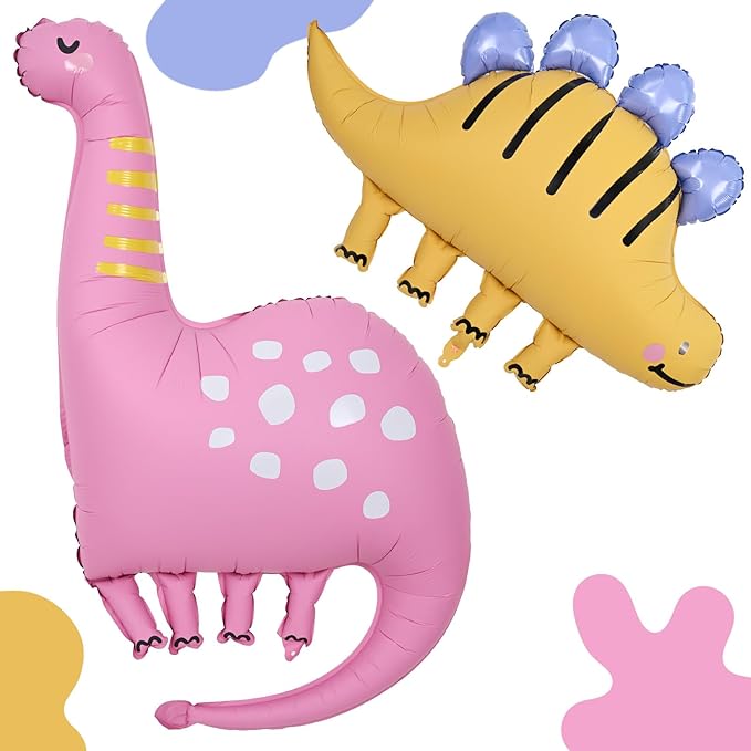 Giant Dinosaur Foil Balloons, 38-43 Inch Big Cute Pink Yellow Dinosaur Helium Inflatable Foil Balloon for Girls 1st 3rd Dino Theme Birthday Baby Shower Kindergarten Jungle Party Decorations Supplies