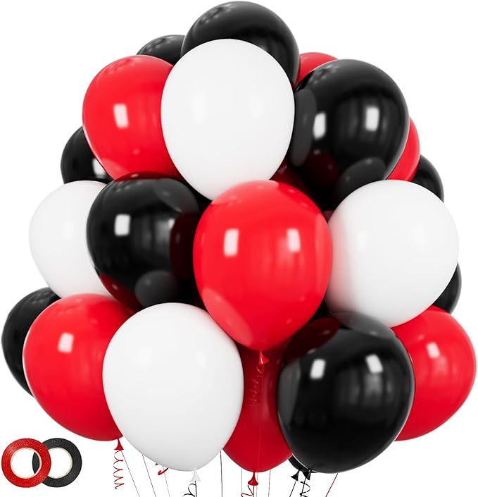Red and Black Balloons 100Pack 12 inch Matte Black Red and White Latex Balloon Bulk for Birthday Party Graduation Racing Car Poker Card Decorations Supplies