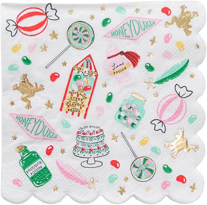 Harry Potter X Bonjour Fête Honeydukes Small Pattern Napkins | 3-Ply Fancy Napkins for Harry Potter Themed Parties | Happy Birthday & Cocktail Decoration | Pack of 24, 5" Fold | Premium Party Supplies