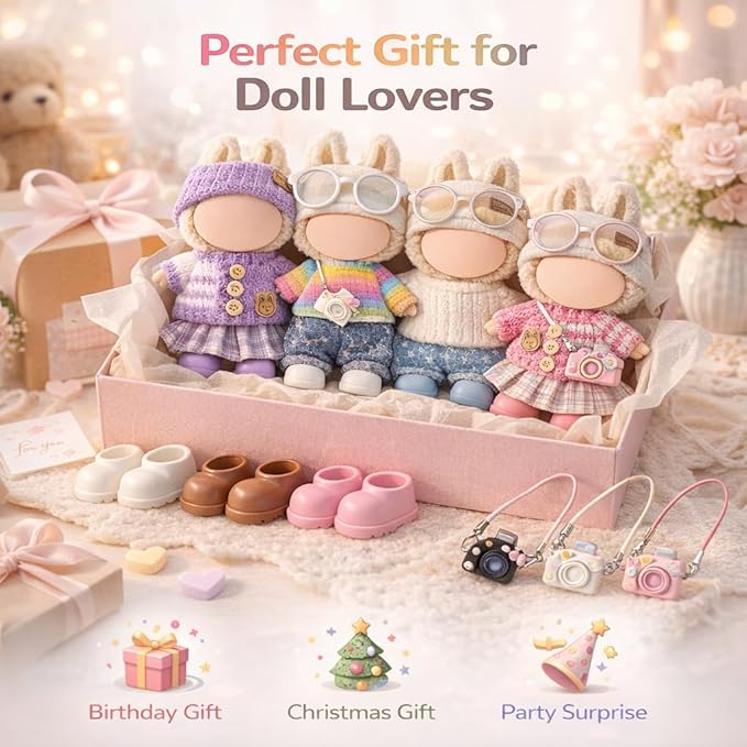 17cm Doll Clothes Outfit Set, 5 Cozy Knit Outfits with Hats, Skirts, Shorts and Doll Accessories, Perfect for Play and Display, Doll Accessories for Collectors (No Dolls)