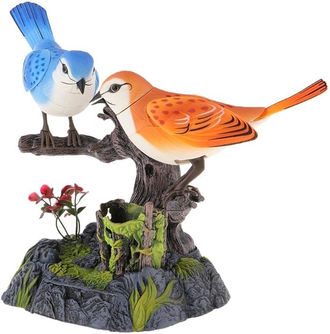 2 Birds Sound Activated Chirping Toy with Pen Holder for Desk Decor