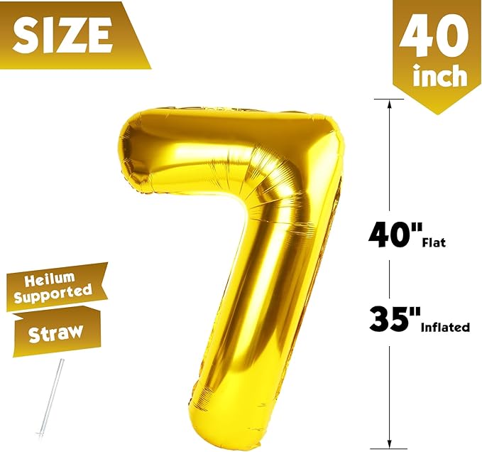 40 Inch Gold Number 7 Balloon, Giant 7 Number Balloons for 7th Birthday Decorations, Party Supplies for Baby Boy Girl, Gold Party Decor