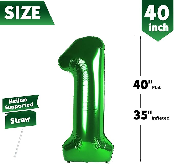 40 Inch Dark Green Number 1 Balloon, Giant Number 1 Balloons for 11th 12th 21st Birthday Decorations, Party Supplies for Baby Boy Girl, Dark Green Party Decor