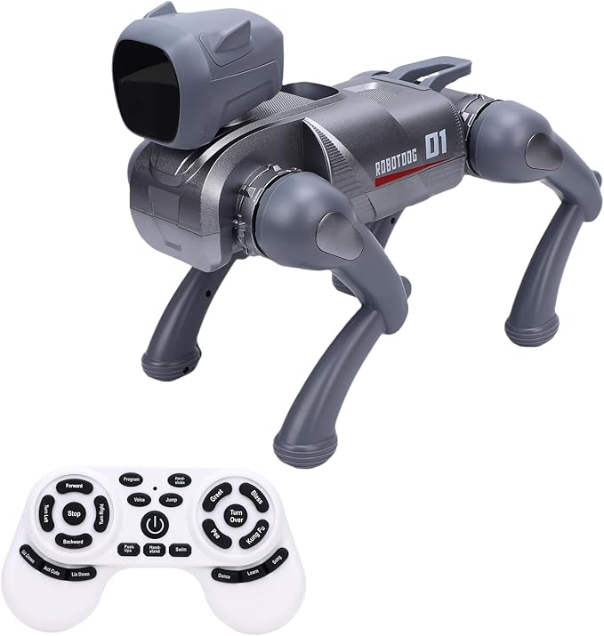 Drfeify AI Robot Dog, Programmable Interactive Robotic Pet with Voice Control, 2.4G Remote, App Control, Multiple Actions, for Kids Adults Coding Entertainment (Gray)