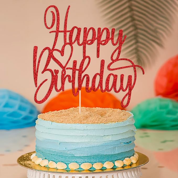 Handmade Glitter Happy Birthday Cake Topper- Fabulous Cake Decoration，Anniversary/Birthday Party Decoration Supplies (red)