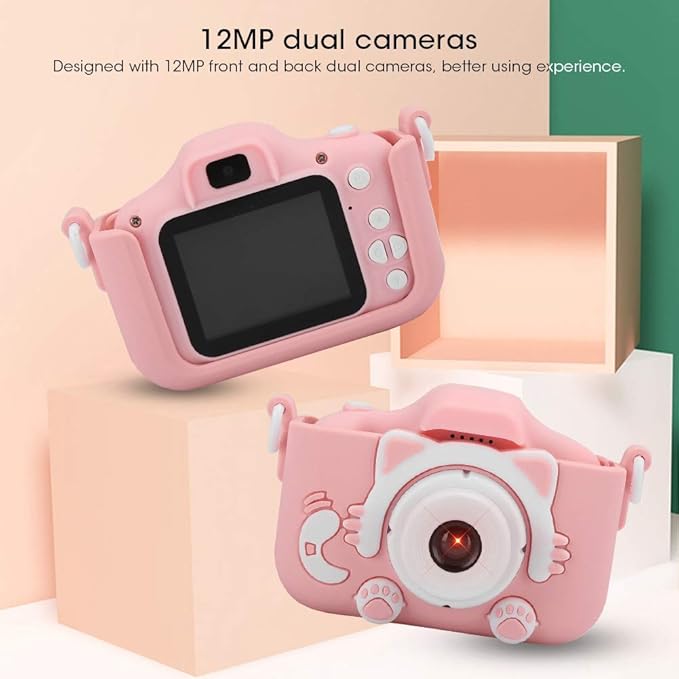 Children , 12MP ABS Silicone Mini Cartoon Kitty Digital Camera Toy with Double Camera for Kids ()