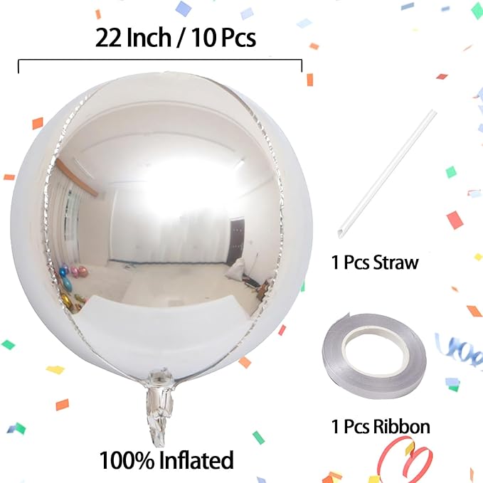 KALOR 10 Pcs 22 Inch Silver Mylar Balloons, Large 4D Giant Round Foil Balloon Big Mirror Metallic Balloons for Birthday Party Baby Shower Gender Reveal Supplies