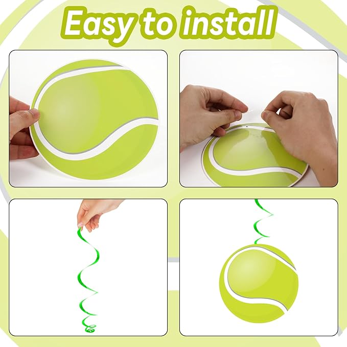 60pcs Tennis Party Foil Swirl Decorations Tennis Ball Ceiling Hanging Banners Decor Hanging Swirls Sports Cutouts Birthday Supplies for Sports Birthday Baby Shower Party Favor Indoor Home Office Decor