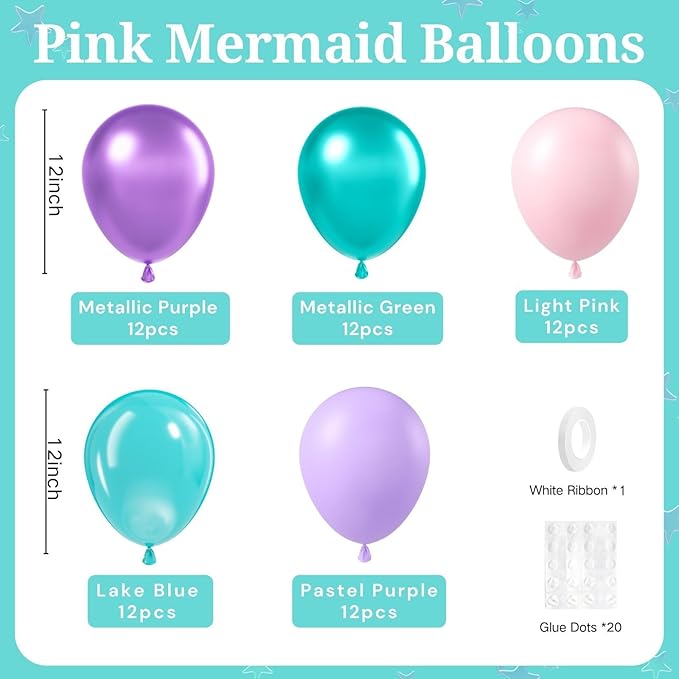 Mermaid Balloons, 60pcs 12 Inch Pink Metallic Purple Green Blue Latex Balloons for Little Mermaid Birthday Decorations, Baby Shower, Under the Sea Party Decorations