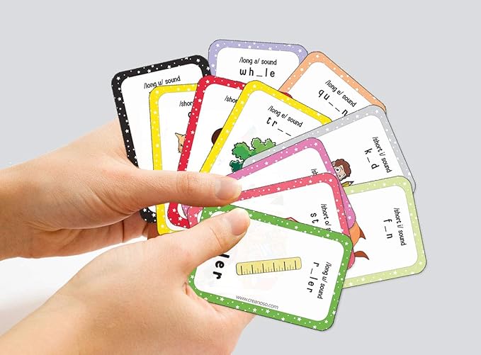Creanoso Phonics Vowel Sounds Learning Cards for Boys Girls (2-Deck) – Learning Day Care Classroom Nursery Home Teaching Supplementary Educational Card Pack for Parent Teachers Boys Girls