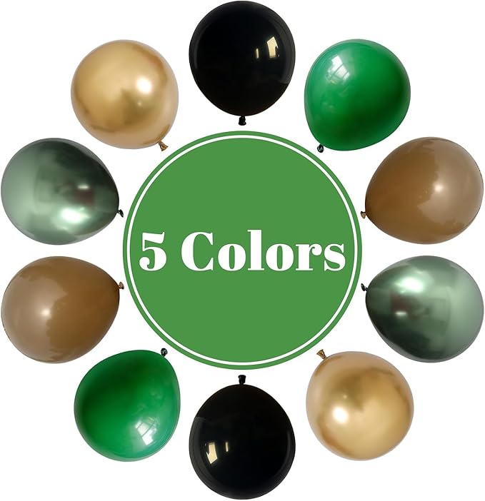 Green and Brown Balloon, 60Pcs 12Inch Dark Green Black Metallic Gold Latex Balloon, Metallic Avocado Tan Chrome Gold Balloons for Camo Camping Game Army Jungle Safari Theme Birthday Party Decor