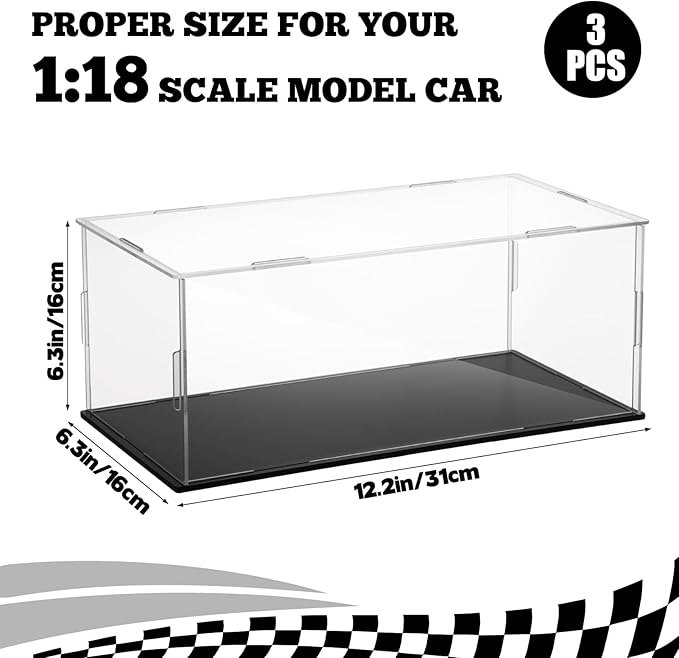 3 PCS Acrylic Model Car Display Case 1: 18 Scale Clear Display Boxes with Plastic Base Diecast Model Car Showcase & Storage Organizer for Vehicle Collectibles Memorabilia