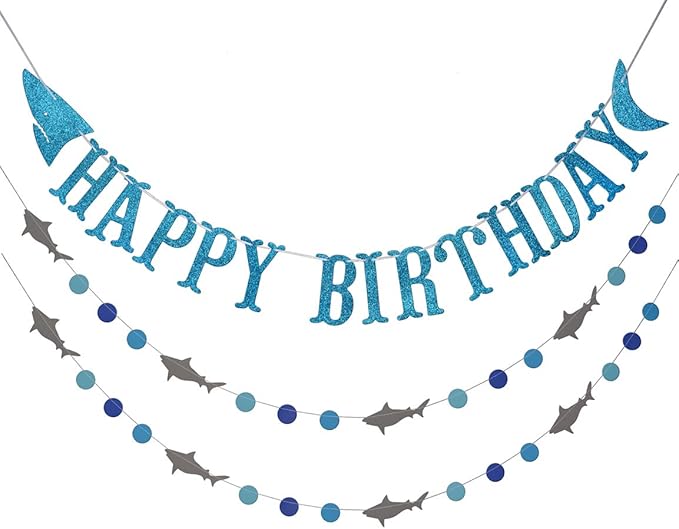 Shark Happy Birthday Banner and Shark Garlands, Ocean Beach Under The Sea Theme Party, Shark Party Supplies (Blue)