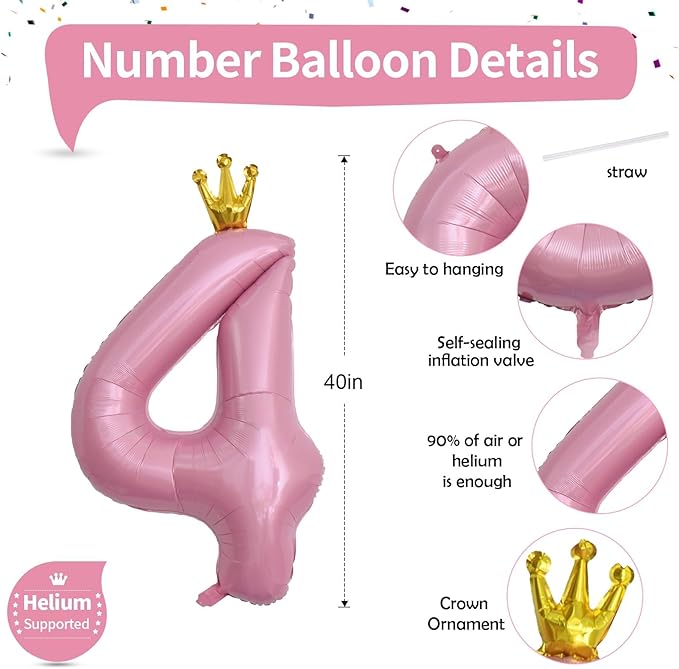 Crown Number Balloons 4 for Kids, Large Pastel Pink Number Balloon 0-9 Set, Foil Self Inflating 40 Inch Balloons for Girls 4th Birthday Party Decor Anniversary New Year Party Decoration Supplies