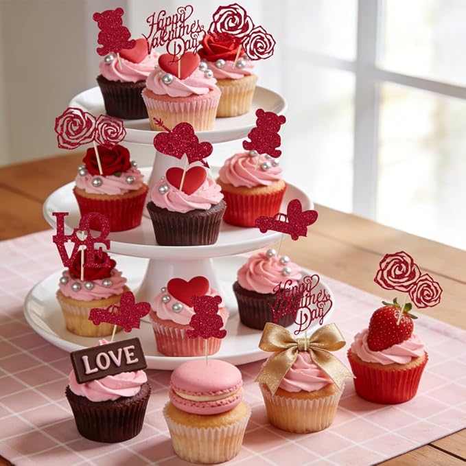 Valentines Cupcake Toppers, 24 PCS Happy Valentines Cupcake Toppers, Glitter Red Heart Love Bear Cupcake Picks Food Picks Toppers Cake Decorations for Valentine's Day Party Decorations Supplies