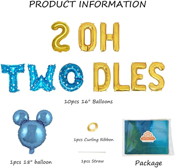 Oh Twodles Birthday Balloons Banner Party Supplies Number 2 Balloon for 2nd Second Boy Birthday Party Decoration 13PCS Kit of Geloar (Blue)