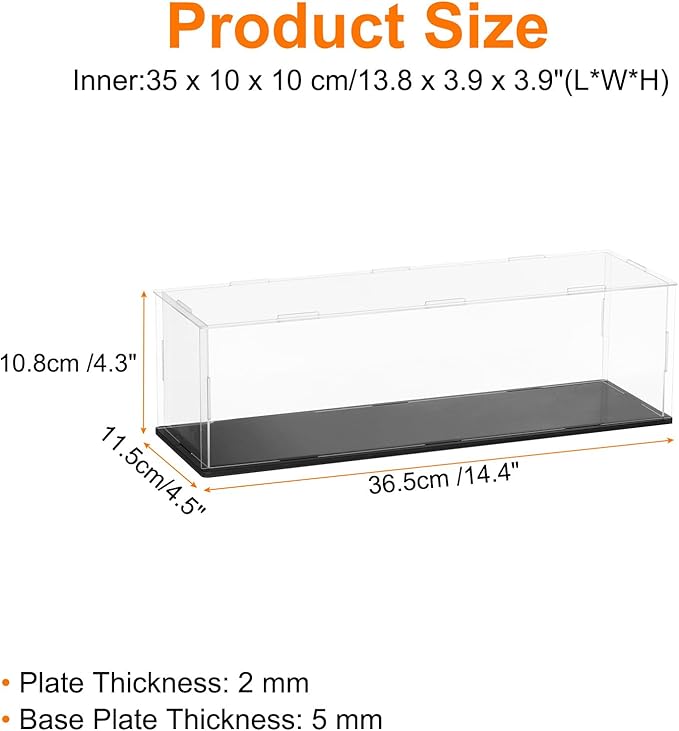 uxcell Acrylic Clear Display Case for Collectibles Self-Assemble Display Clear Boxes with Black Base Dustproof Countertop Storage Box for Collectible Figures, 13.8 x 3.9 x 3.9 Inch