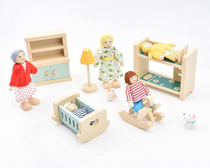Wooden Doll House People of 8 Miniature Figures and 2 Pets, Dollhouse Dolls Family Set- Dollhouse Accessories for Girls Toddler Kids Pretend Play and Imaginative Fun